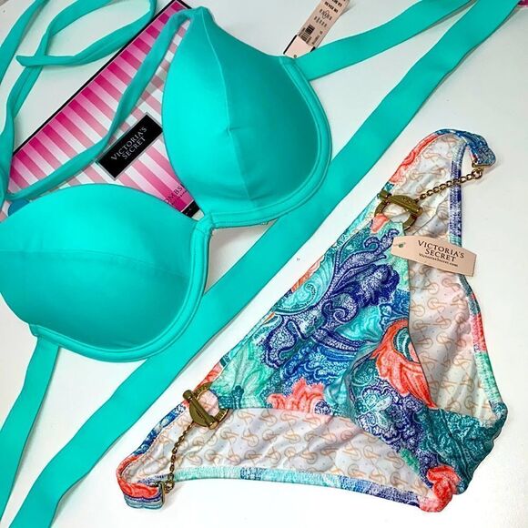 🔥🏖VICTORIA SECRET  swimsuit  top34B push-up bottom-xsmall New #1 - Picture 1 of 8